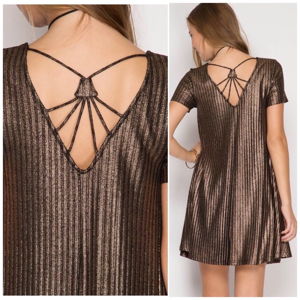 ❗️CLOSING SALE❗️Bronze Metallic Ribbed Swing Dress - Picture 2 of 4